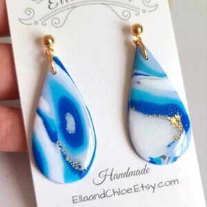 HandCrafted Gold Blue White Agate Gemstone Resin Large Tear Drop Dangle Earrings